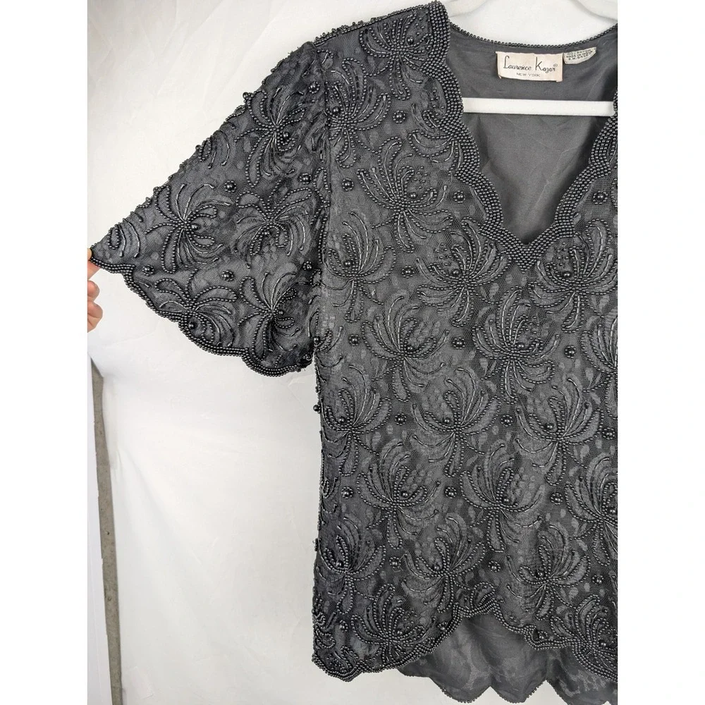 Vintage Beaded Whimsigoth Scalloped Edge Top Size M Black Dark Romantic Grunge